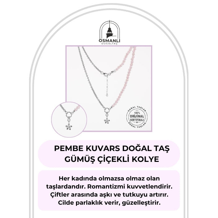 Pembe Kuvars Doğal Taş Gümüş Çiçekli Kolye - 50cm - 2