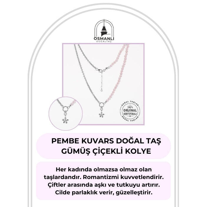 Pembe Kuvars Doğal Taş Gümüş Çiçekli Kolye - 50cm - 2