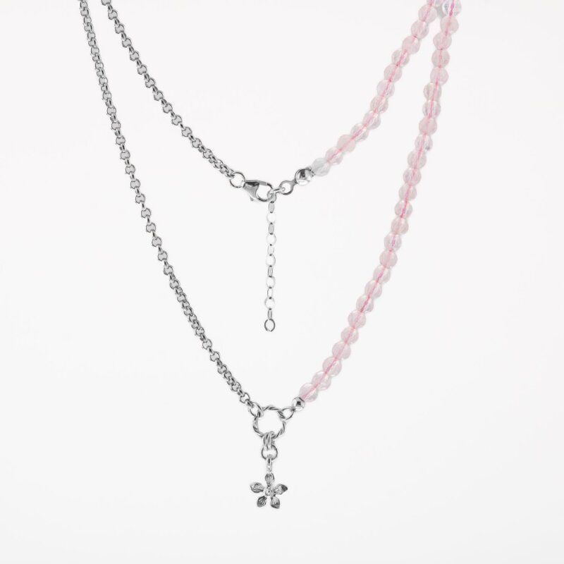 Pembe Kuvars Doğal Taş Gümüş Çiçekli Kolye - 50cm - 3