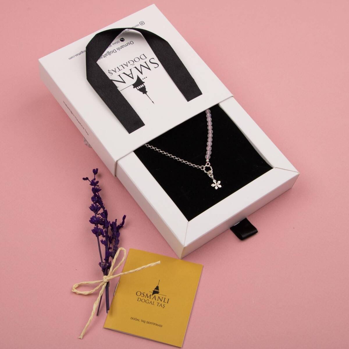 Pembe Kuvars Doğal Taş Gümüş Çiçekli Kolye - 50cm - 4