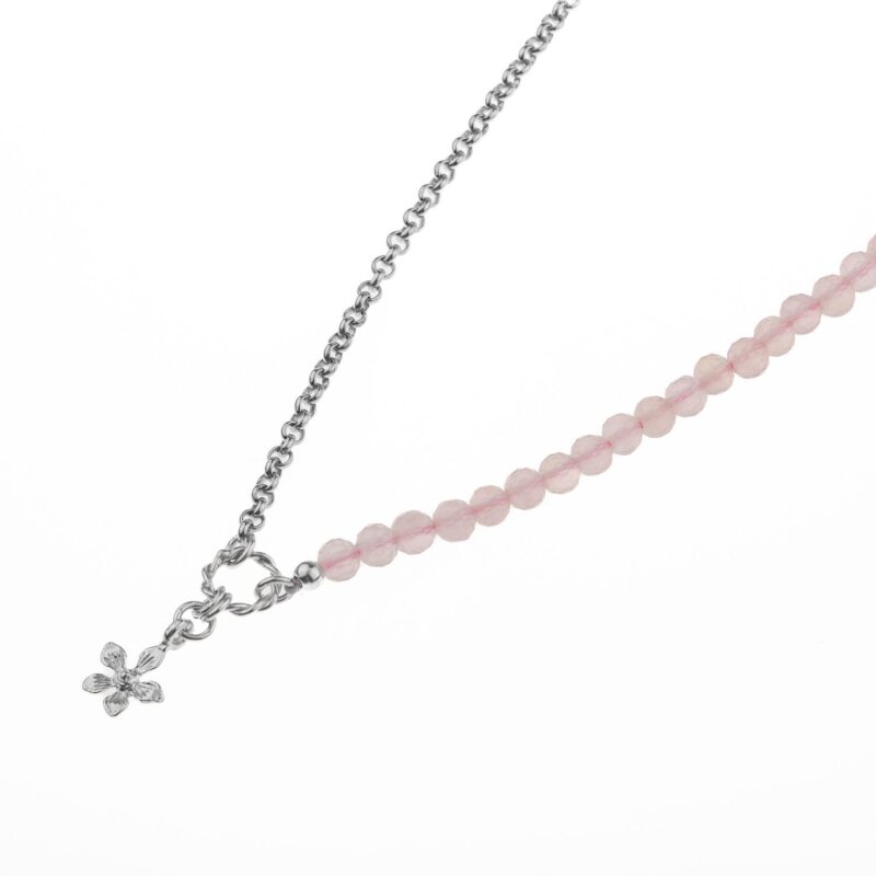 Pembe Kuvars Doğal Taş Gümüş Çiçekli Kolye - 50cm - 5