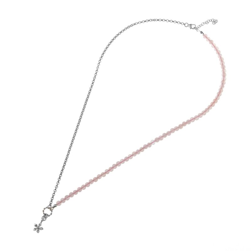 Pembe Kuvars Doğal Taş Gümüş Çiçekli Kolye - 50cm - 6