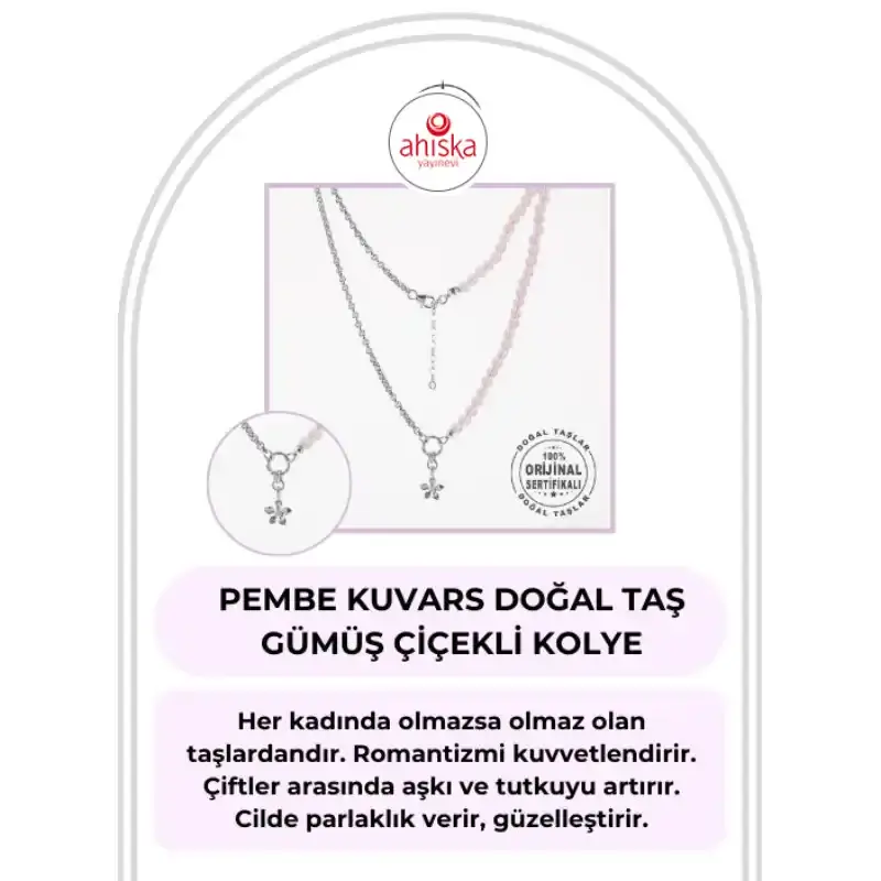 Pembe Kuvars Doğal Taş Gümüş Çiçekli Kolye - 50cm - 2
