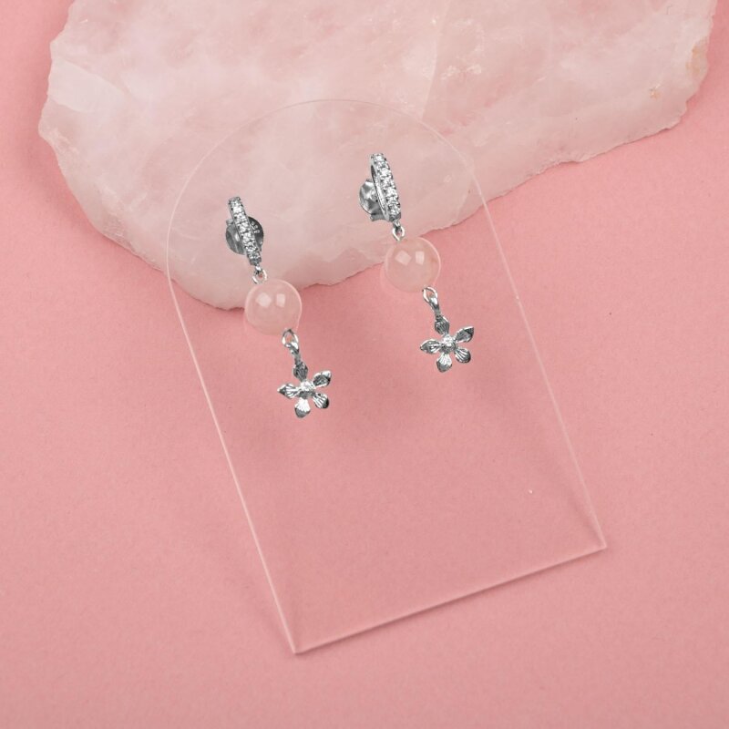 Pembe Kuvars Doğal Taş Gümüş Çiçekli Küpe - Doğal Taş