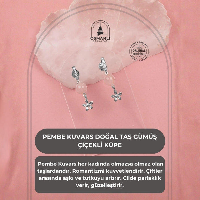 Pembe Kuvars Doğal Taş Gümüş Çiçekli Küpe - 2