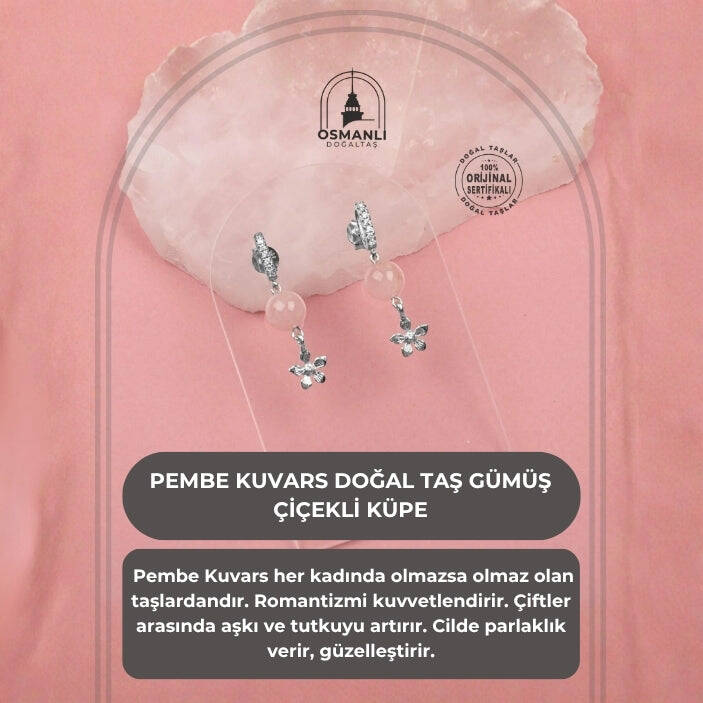 Pembe Kuvars Doğal Taş Gümüş Çiçekli Küpe - 2