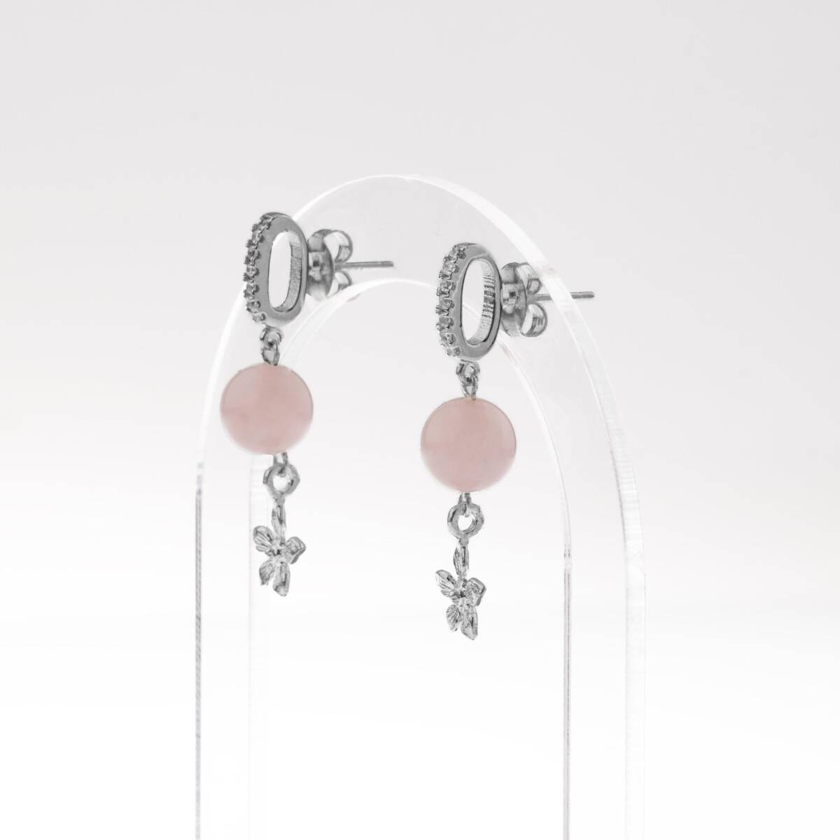 Pembe Kuvars Doğal Taş Gümüş Çiçekli Küpe - 3