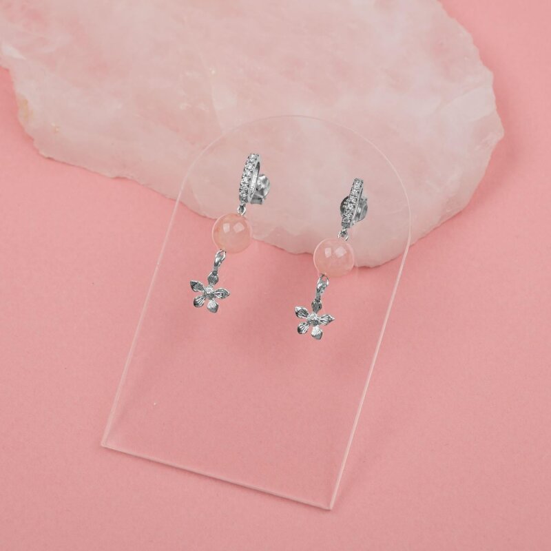 Pembe Kuvars Doğal Taş Gümüş Çiçekli Küpe - 4