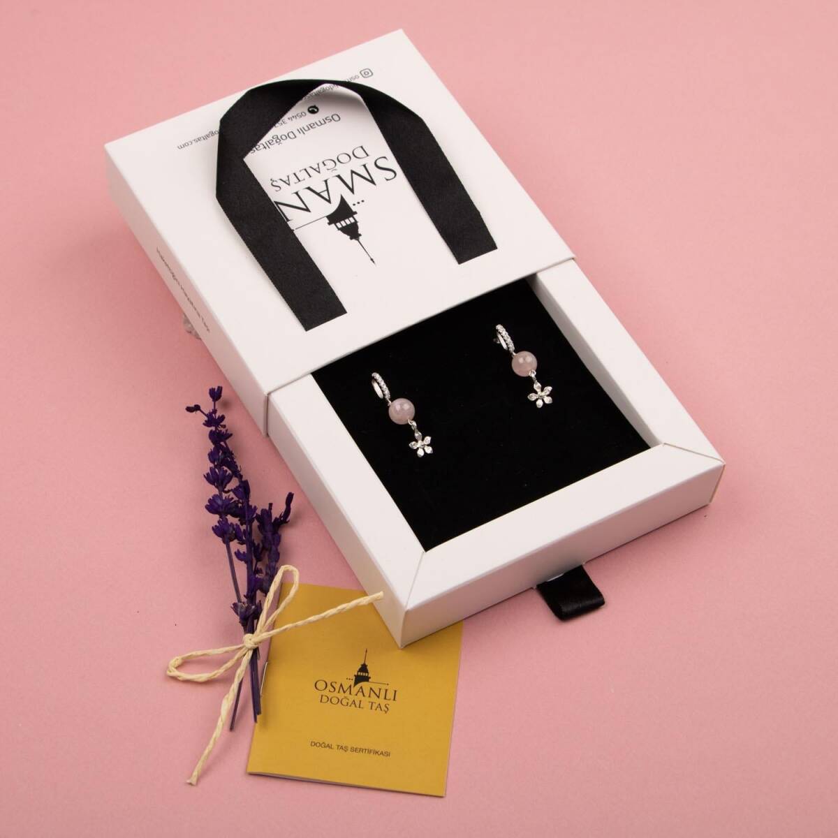 Pembe Kuvars Doğal Taş Gümüş Çiçekli Küpe - 5