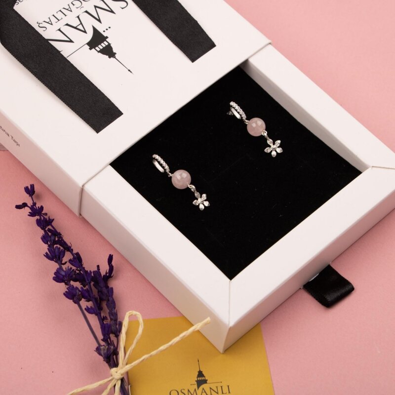 Pembe Kuvars Doğal Taş Gümüş Çiçekli Küpe - 6