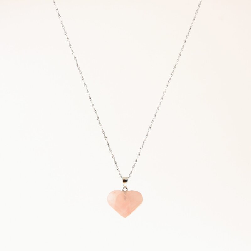 Pembe Kuvars Doğal Taş Kalp Kolye, Gümüş Zincir - Doğal Taş
