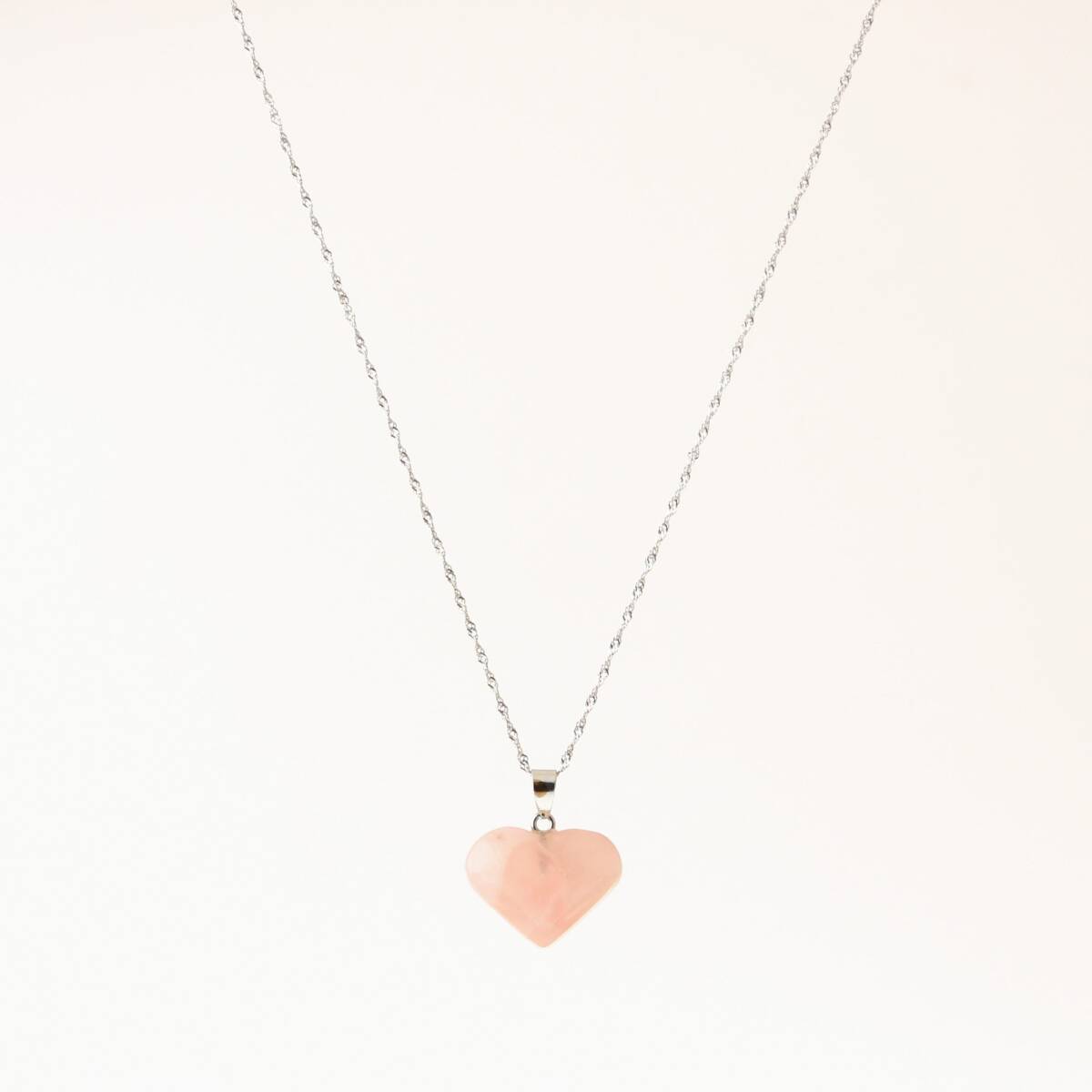Pembe Kuvars Doğal Taş Kalp Kolye, Gümüş Zincir - 1