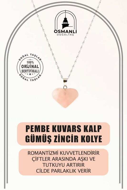 Pembe Kuvars Doğal Taş Kalp Kolye, Gümüş Zincir - 2