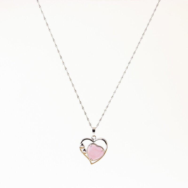 Pembe Kuvars Doğal Taş Kalpli Kolye, Gümüş Zincir - Doğal Taş