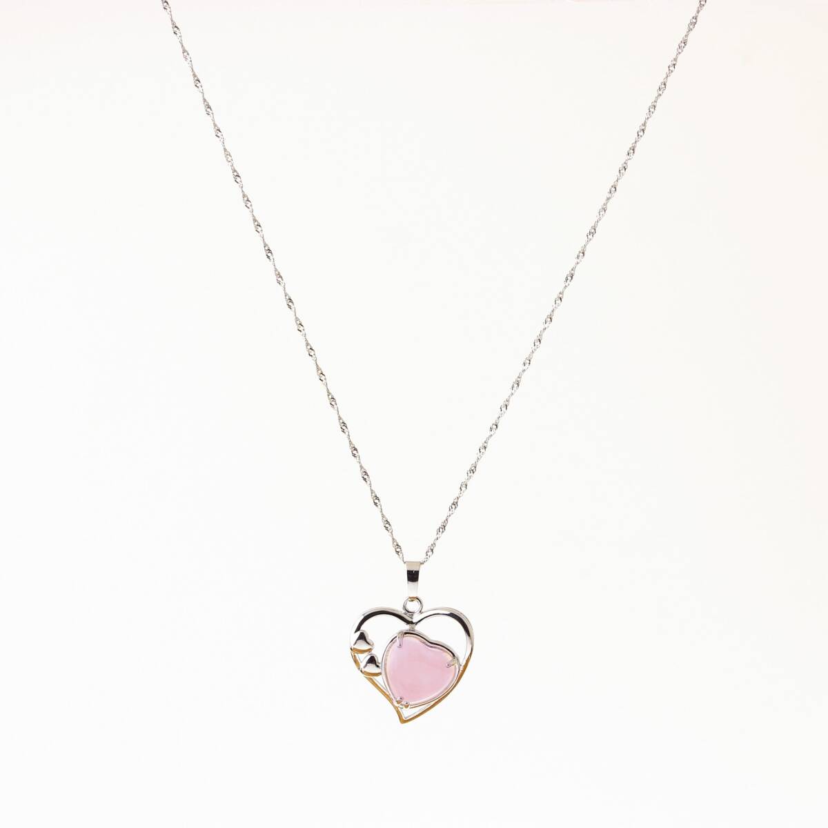 Pembe Kuvars Doğal Taş Kalpli Kolye, Gümüş Zincir - 1