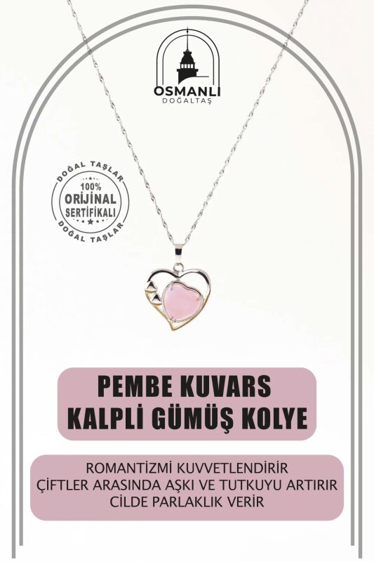 Pembe Kuvars Doğal Taş Kalpli Kolye, Gümüş Zincir - 2