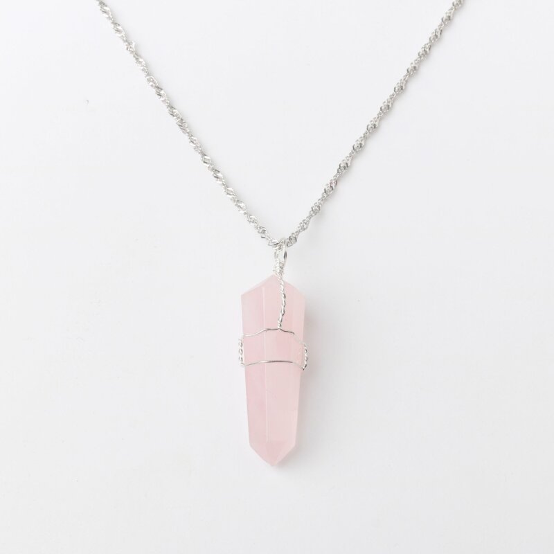 Pembe Kuvars Doğal Taş Kolye Ucu 3x1 cm, Gümüş Zincir - Doğal Taş