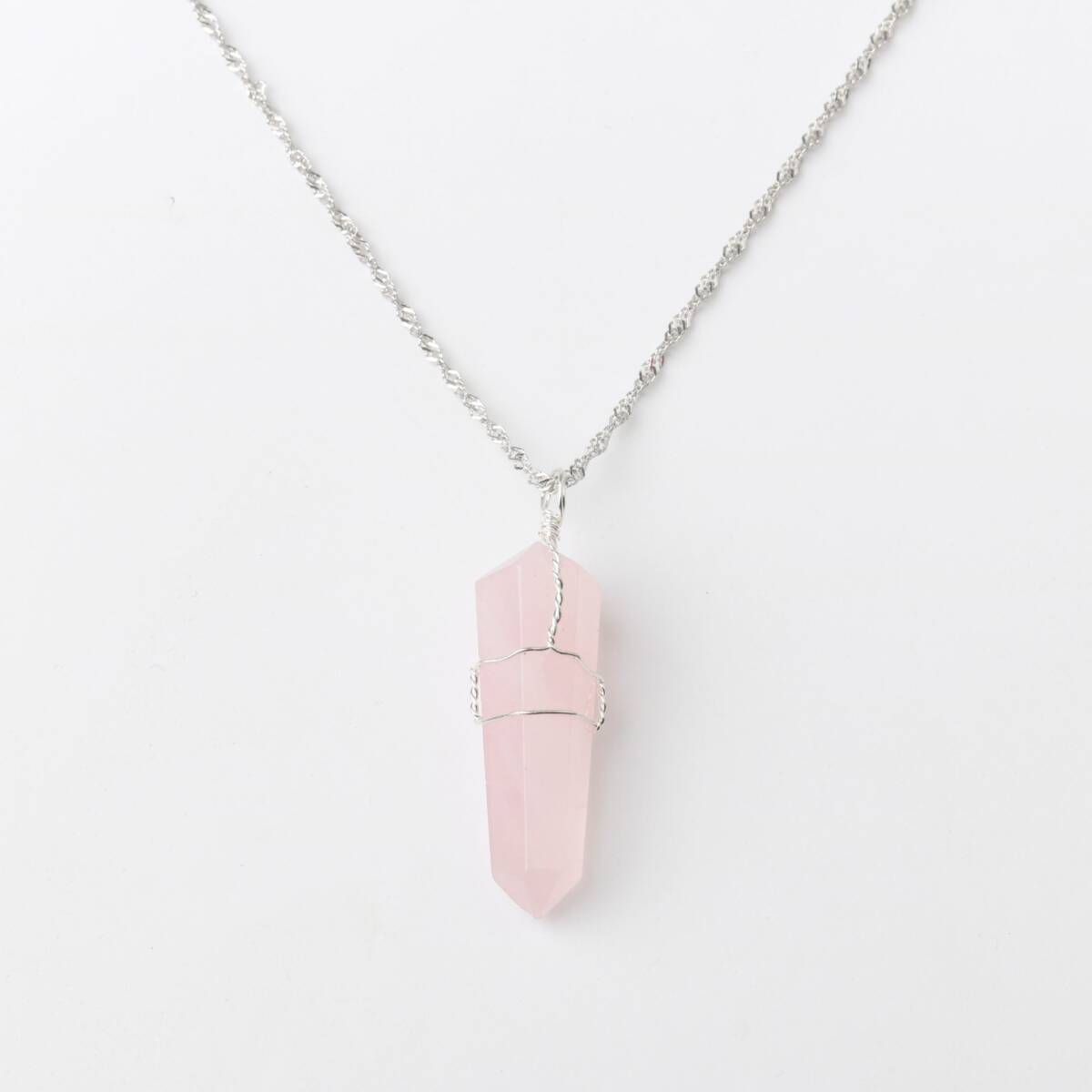Pembe Kuvars Doğal Taş Kolye Ucu 3x1 cm, Gümüş Zincir - 1