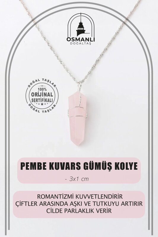 Pembe Kuvars Doğal Taş Kolye Ucu 3x1 cm, Gümüş Zincir - 2