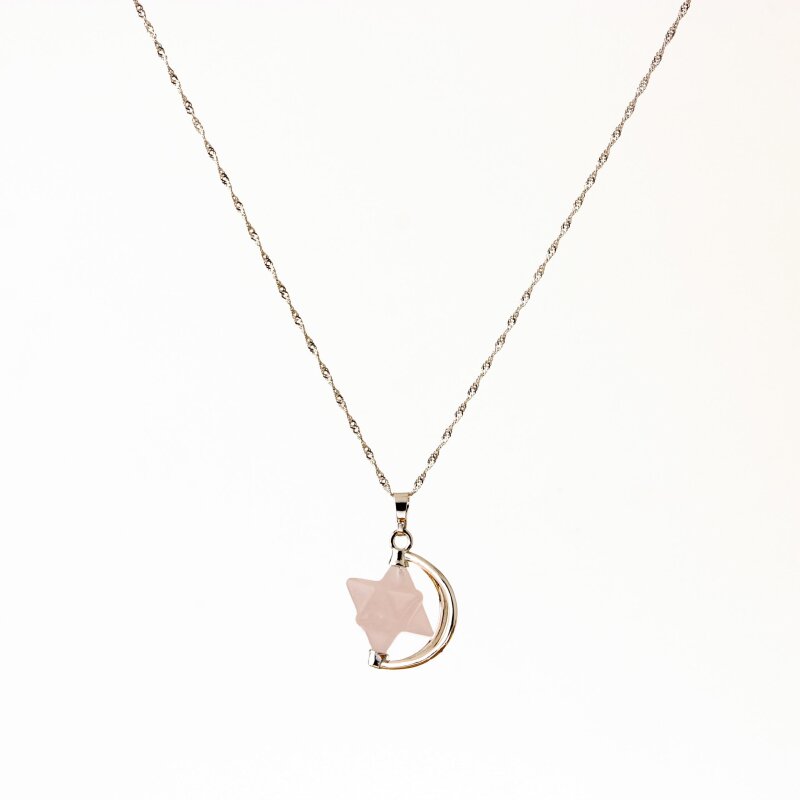 Pembe Kuvars Doğal Taş Yıldızlı Kolye, Gümüş Zincir - Doğal Taş