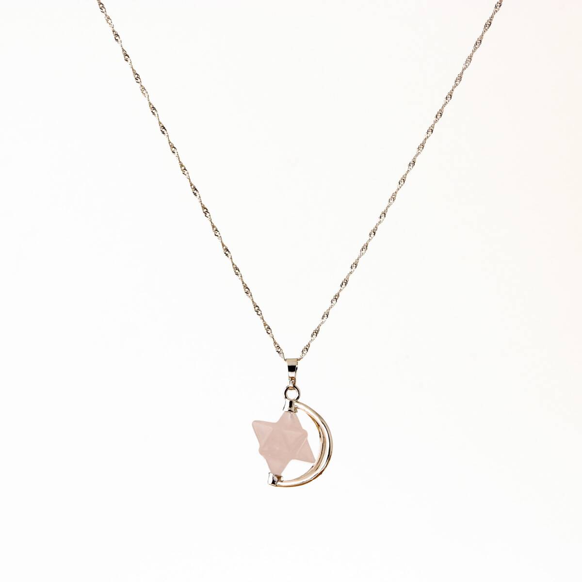 Pembe Kuvars Doğal Taş Yıldızlı Kolye, Gümüş Zincir - 1