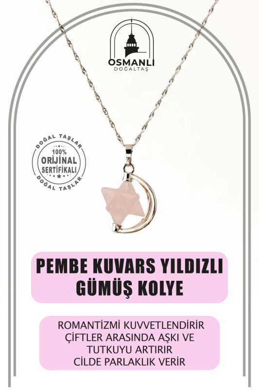 Pembe Kuvars Doğal Taş Yıldızlı Kolye, Gümüş Zincir - 2