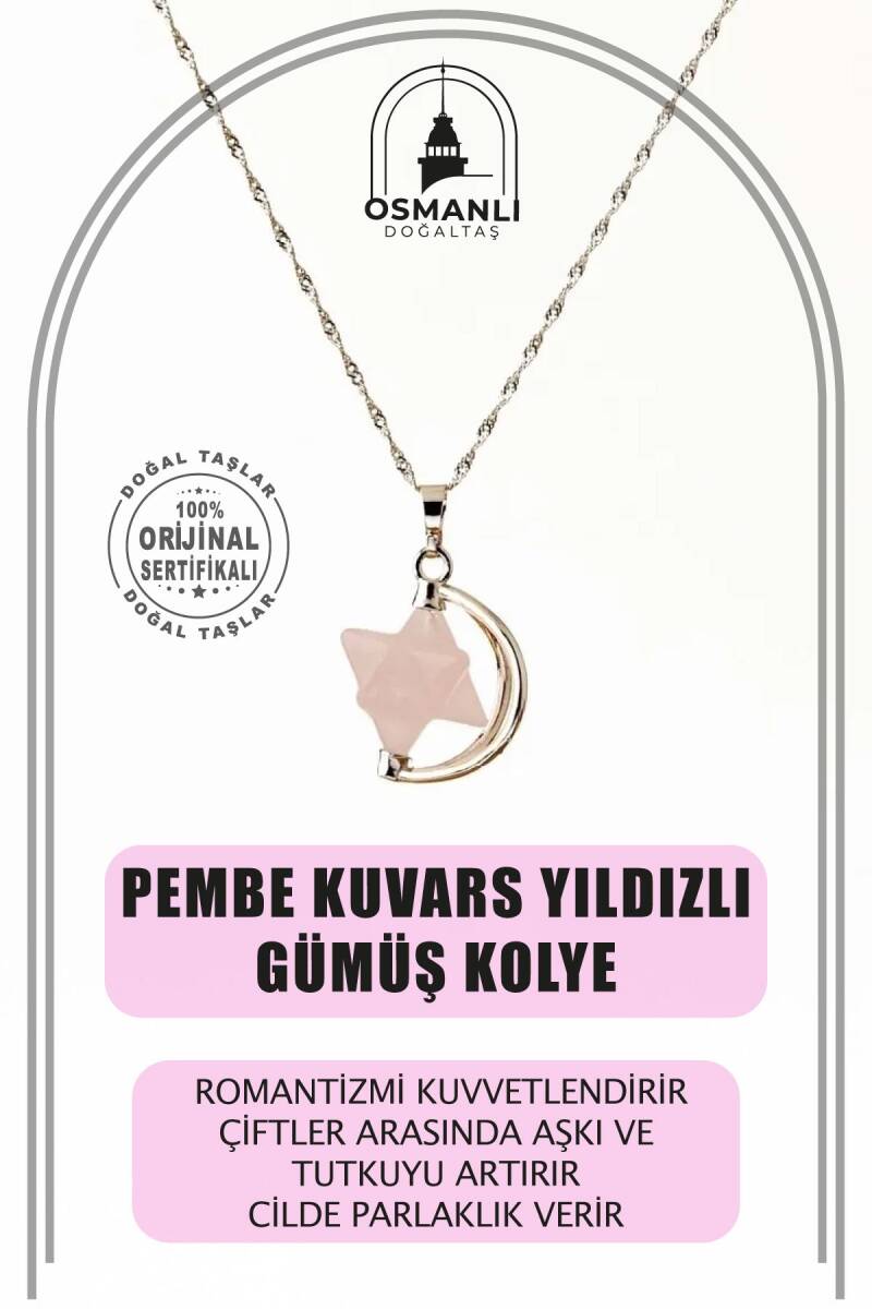 Pembe Kuvars Doğal Taş Yıldızlı Kolye, Gümüş Zincir - 2