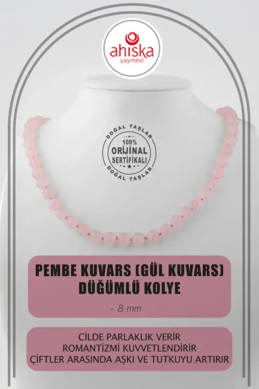 Pembe Kuvars (Gül Kuvars) 8 mm Düğümlü Doğal Taş Kolye - 2