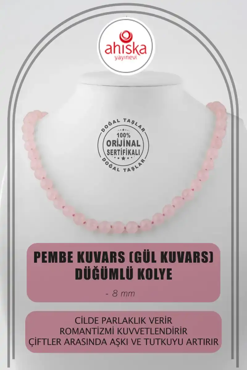 Pembe Kuvars (Gül Kuvars) 8 mm Düğümlü Doğal Taş Kolye - 2