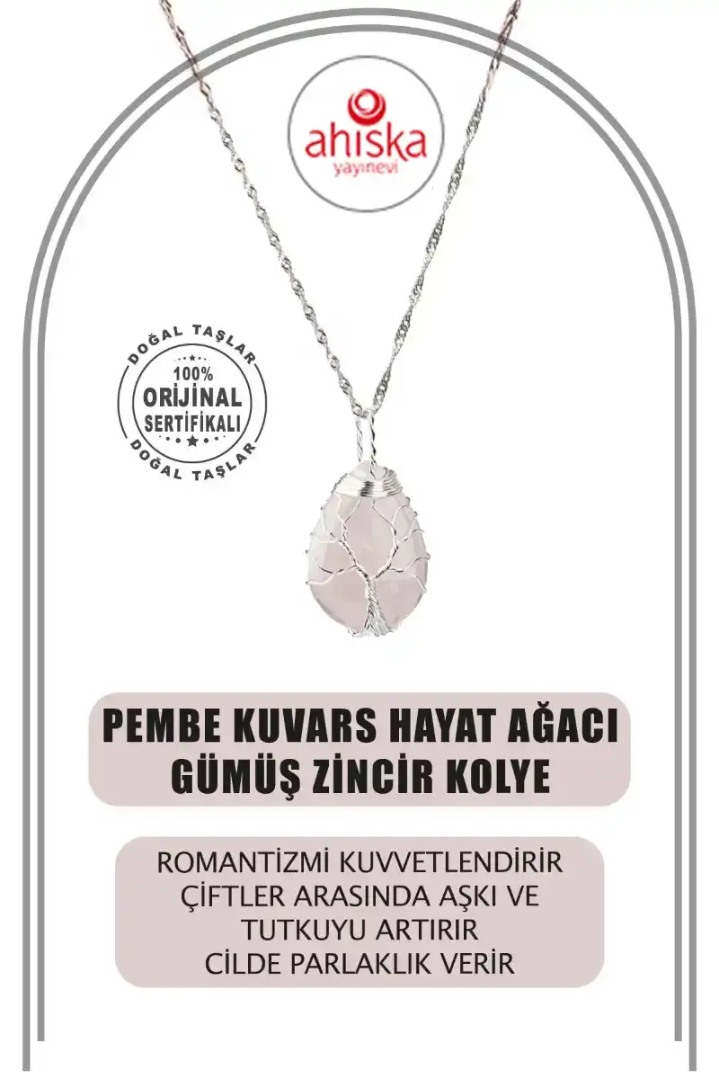 Pembe Kuvars Hayat Ağacı Doğal Taş Gümüş Zincir Kolye
