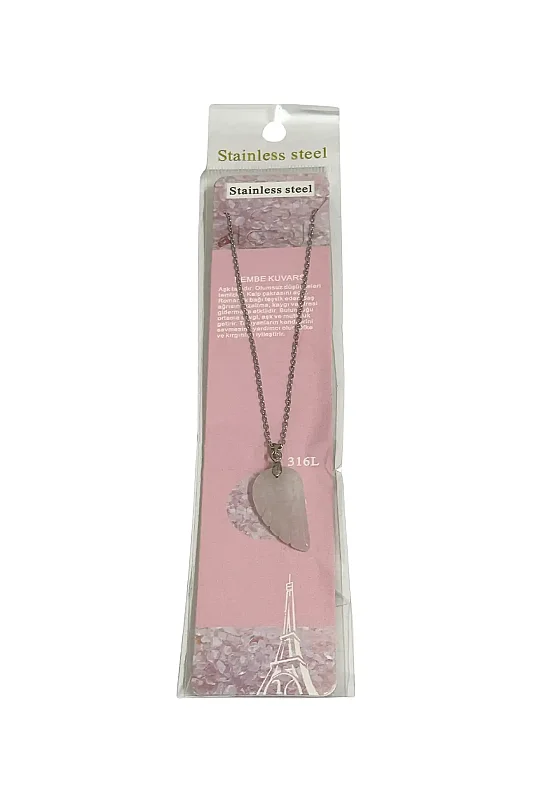 Pembe Kuvars Kartal Figür Kuyruğu Figür Taşlı Çelik Zincir Doğal Taş Kolye - Doğal Taş