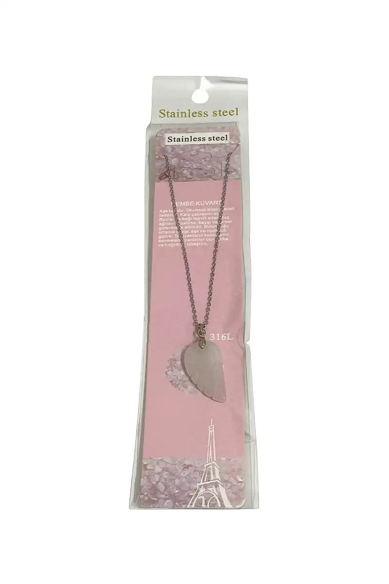 Pembe Kuvars Kartal Figür Kuyruğu Figür Taşlı Çelik Zincir Doğal Taş Kolye - 1