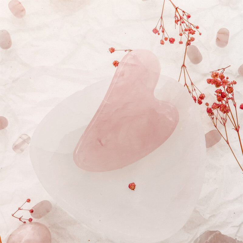 Pembe Kuvars Taşı Gua Sha Yüz Masaj Taşı Kalpli - Doğal Taş