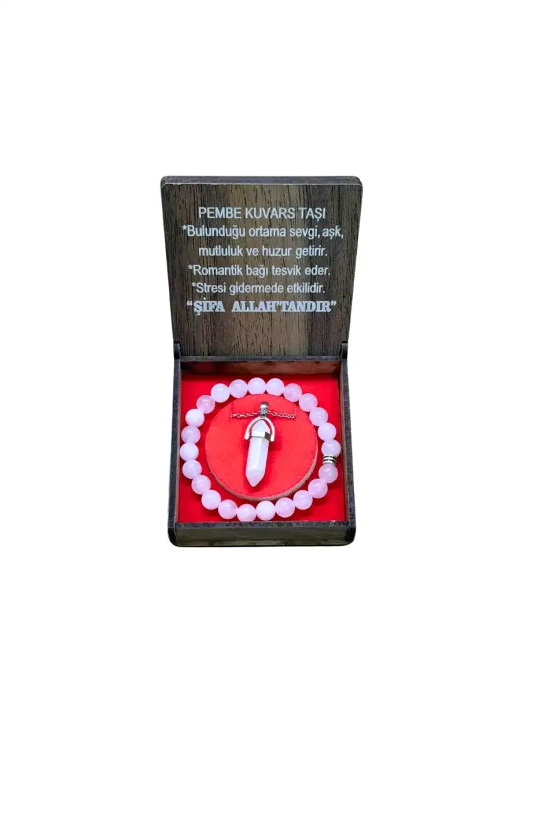 Pembe Kuvars Taşı Kolye & Bileklik Set - 1