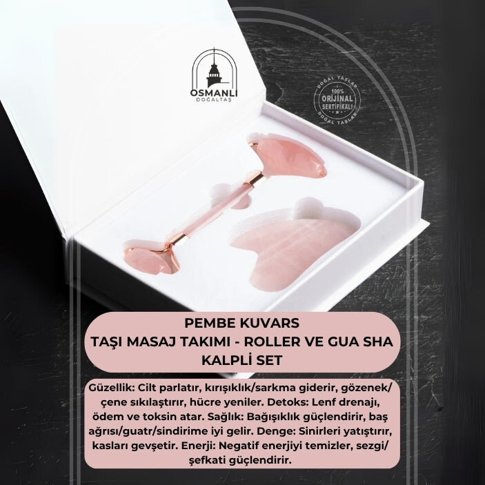 Pembe Kuvars Taşı Masaj Takımı - Roller ve Gua Sha Kalpli Set - 2