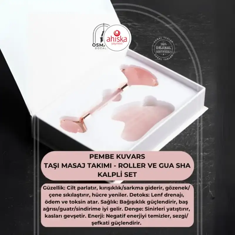 Pembe Kuvars Taşı Masaj Takımı - Roller ve Gua Sha Kalpli Set - 2