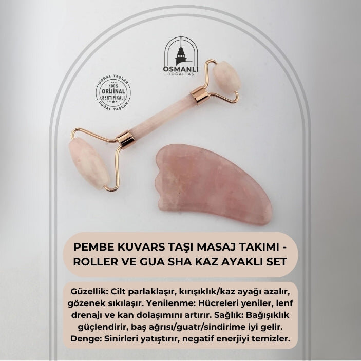 Pembe Kuvars Taşı Masaj Takımı - Roller ve Gua Sha Kaz Ayaklı Set - 2