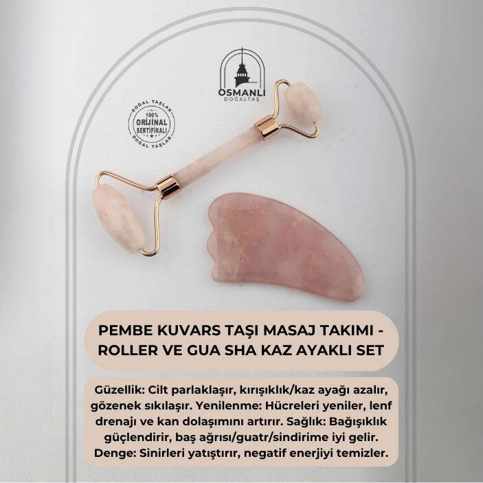Pembe Kuvars Taşı Masaj Takımı - Roller ve Gua Sha Kaz Ayaklı Set - 2