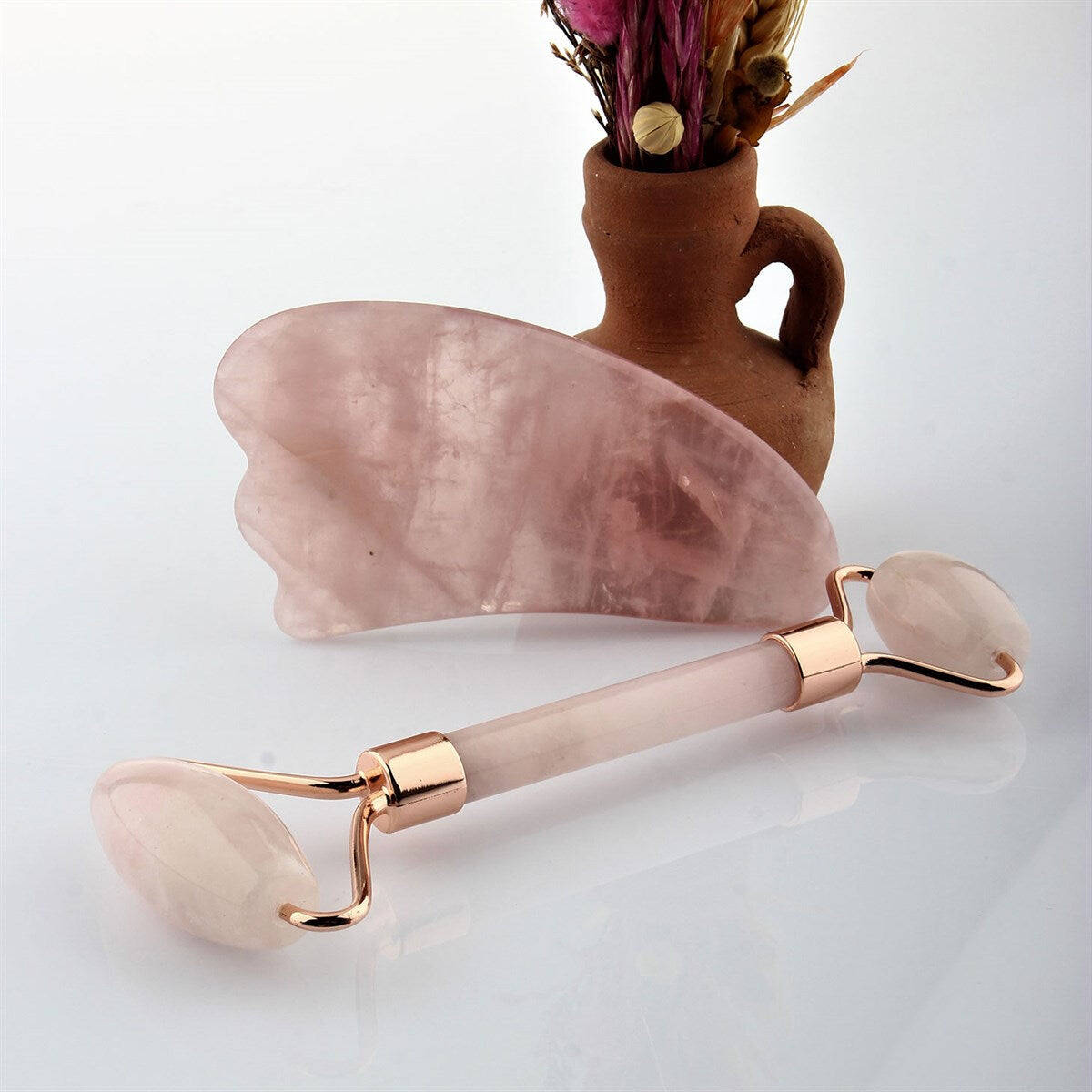 Pembe Kuvars Taşı Masaj Takımı - Roller ve Gua Sha Kaz Ayaklı Set - 4