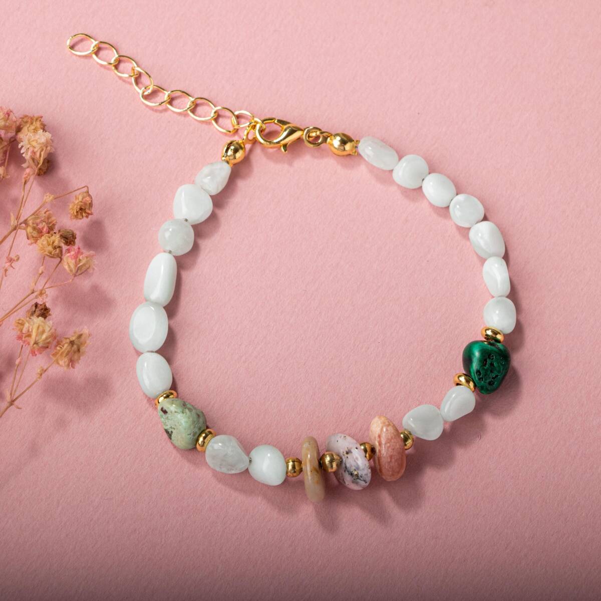 Pembe Opal-Krizokol-Larimar Doğal Taş Bileklik - 1