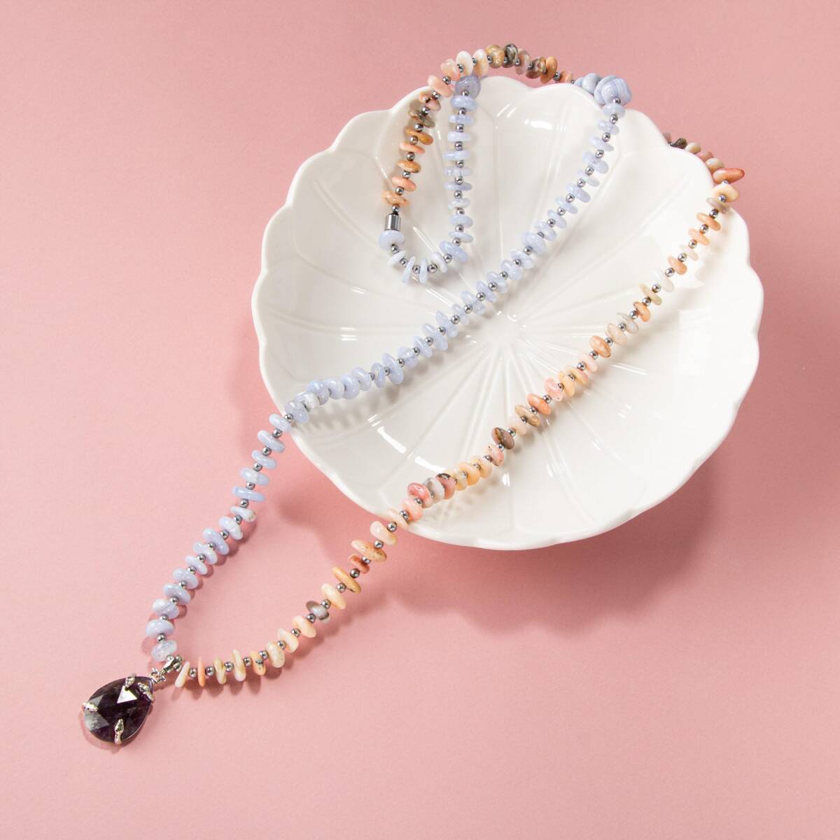 Pembe Opal-Mavi Akik-Hematit-Ametist Doğal Taş Kolye - 1