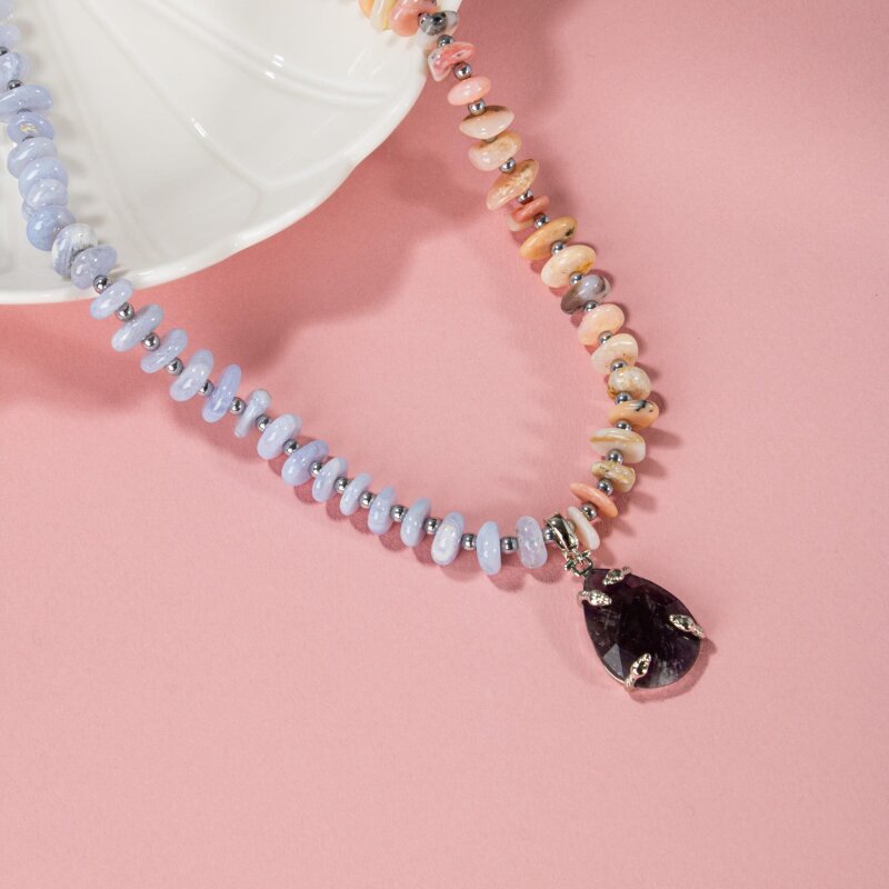 Pembe Opal-Mavi Akik-Hematit-Ametist Doğal Taş Kolye - 3