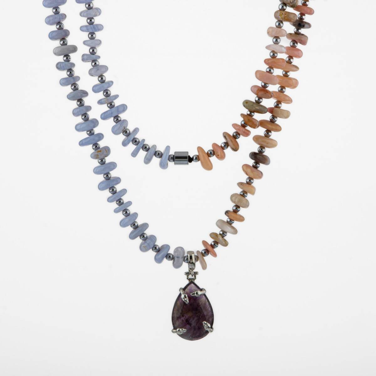 Pembe Opal-Mavi Akik-Hematit-Ametist Doğal Taş Kolye - 4