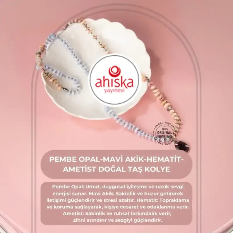 Pembe Opal-Mavi Akik-Hematit-Ametist Doğal Taş Kolye - 2