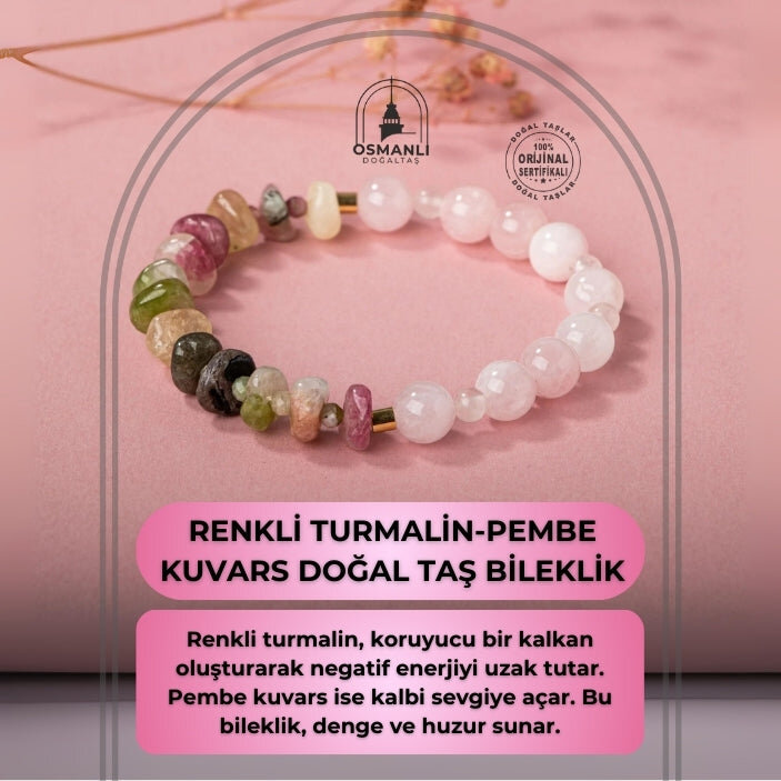Renkli Turmalin-Pembe Kuvars Doğal Taş Bileklik - 2