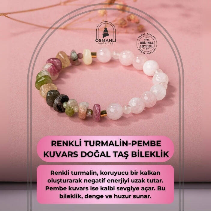 Renkli Turmalin-Pembe Kuvars Doğal Taş Bileklik - 2