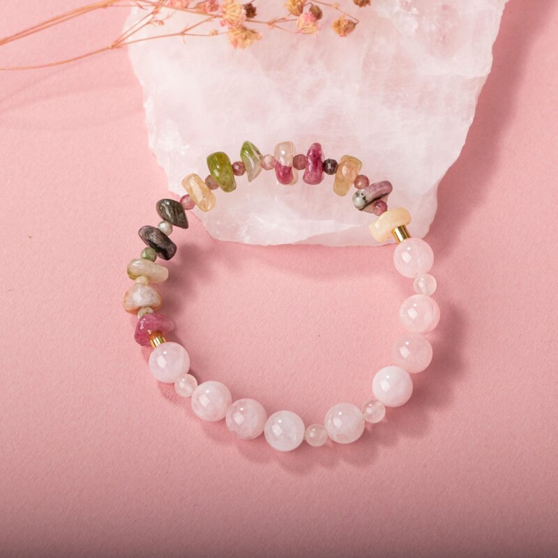 Renkli Turmalin-Pembe Kuvars Doğal Taş Bileklik - 5