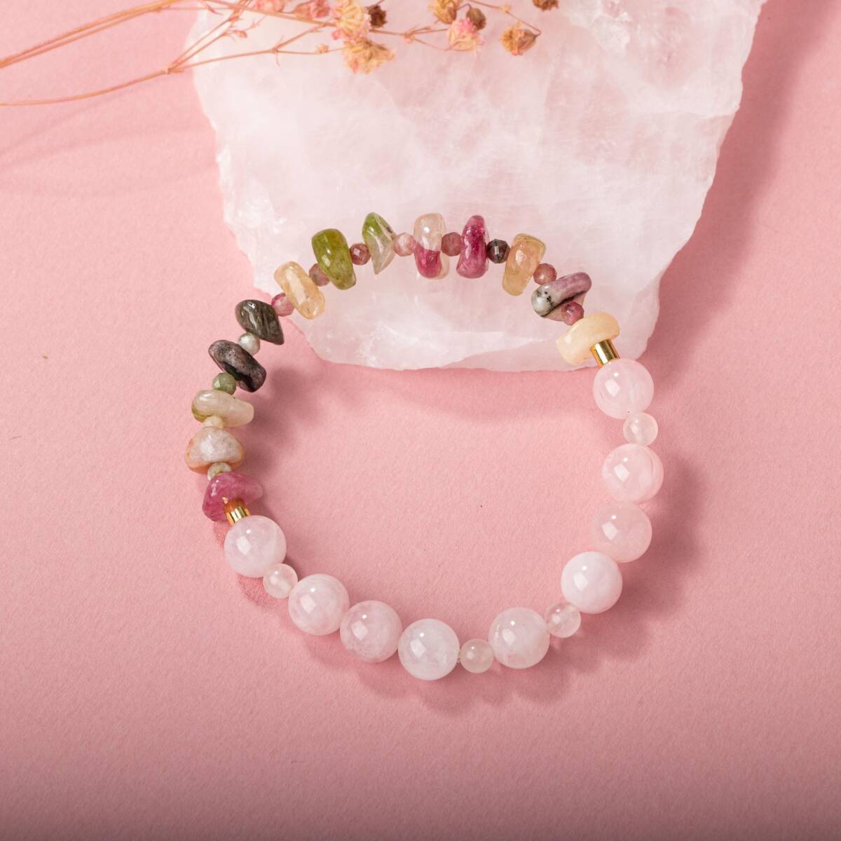 Renkli Turmalin-Pembe Kuvars Doğal Taş Bileklik - 5