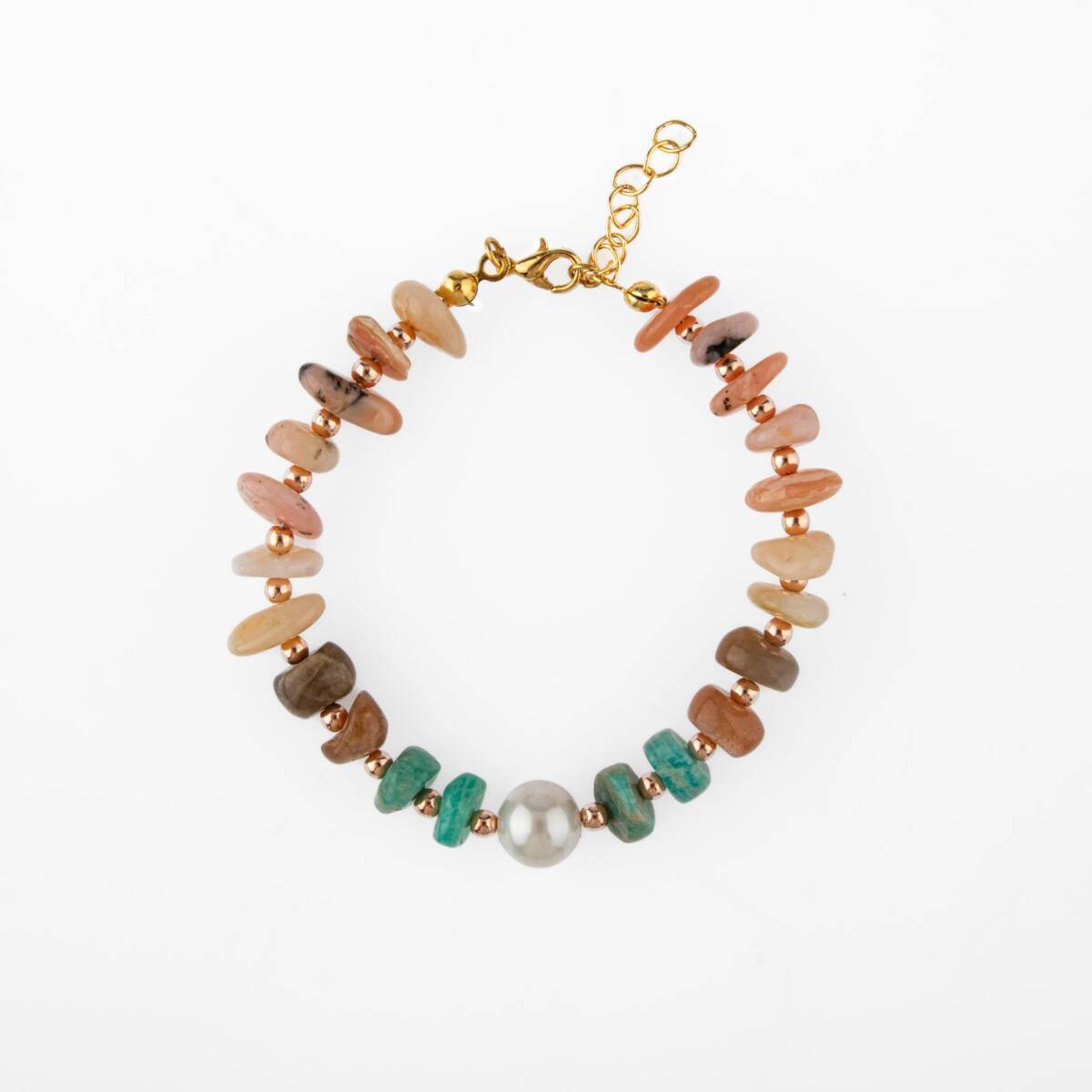 Rodonit-Güneş Taşı-Amozanit-İnci Doğal Taş Bileklik - 2