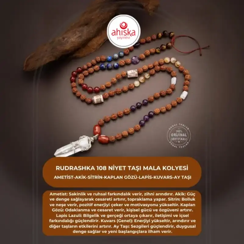 Rudrashka 108 Niyet Taşı Mala Kolyesi - Ametist-Akik-Sitrin-Kaplan Gözü-Lapis-Kuvars-Ay Taşı - 2